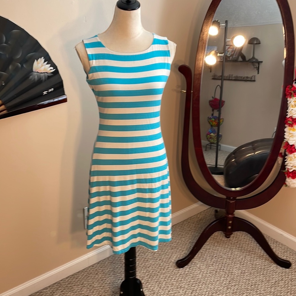 Sleeveless blue and white striped dress